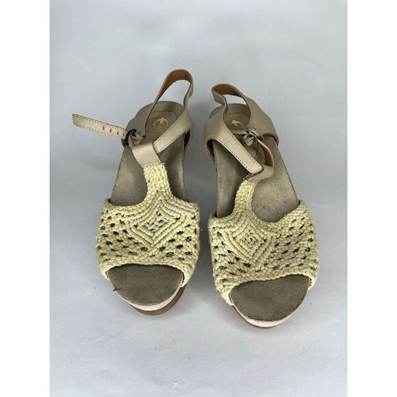 Earthies Beige Knit Leather Peep Ankle Strap Heel Sandals Women’s Sz 8B US/39EU - Picture 2 of 11